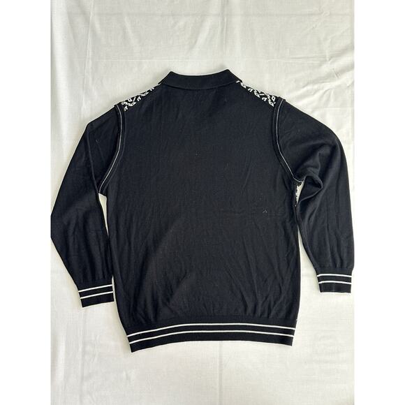 Vintage Black & White Knit Long Sleeve Sweater with Collar – Retro Pattern - Picture 3 of 5